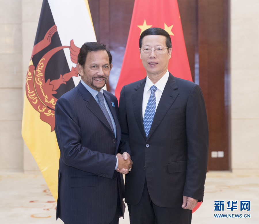 9月11日，中共中央政治局常委、國(guó)務(wù)院副總理張高麗在廣西南寧會(huì)見(jiàn)前來(lái)出席第十四屆中國(guó)－東盟博覽會(huì)和中國(guó)－東盟商務(wù)與投資峰會(huì)的文萊蘇丹哈桑納爾。新華社記者王曄攝