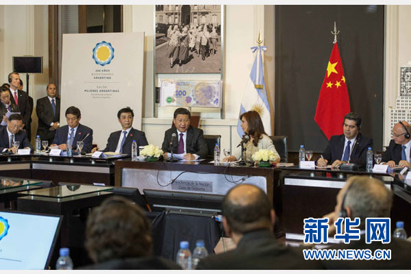 當地時間7月18日，國家主席習近平在布宜諾斯艾利斯同阿根廷總統克里斯蒂娜舉行會談。 新華社記者 李學仁 攝