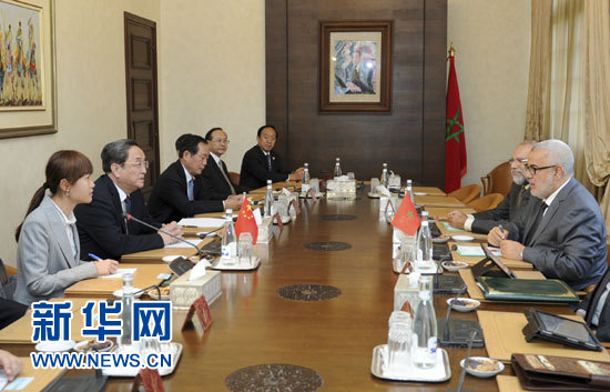 11月3日，中國全國政協(xié)主席俞正聲在拉巴特會(huì)見摩洛哥政府首腦本&middot;基蘭。 新華社記者 張鐸 攝