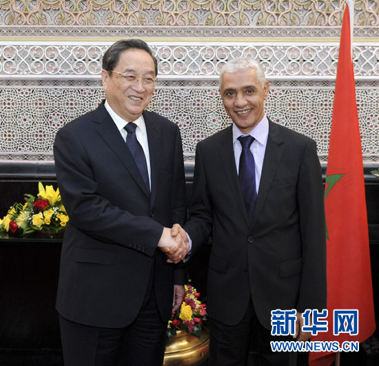 11月3日，全國政協(xié)主席俞正聲在拉巴特會(huì)見摩洛哥眾議長阿拉米。新華社記者 張鐸 攝