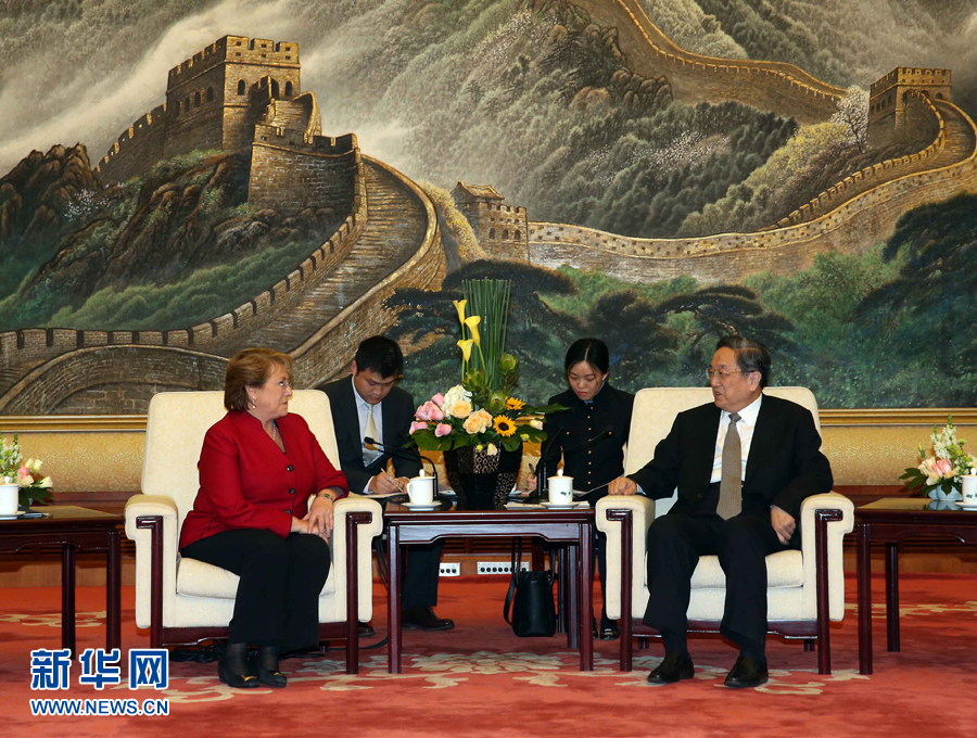 11月11日，全國政協(xié)主席俞正聲在北京人民大會(huì)堂會(huì)見智利總統(tǒng)巴切萊特。 新華社記者 劉衛(wèi)兵 攝