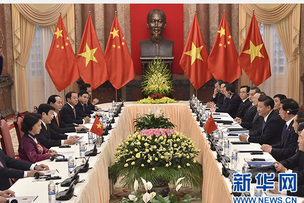 11月6日，中共中央總書記、國家主席習近平在河內(nèi)同越南國家主席張晉創(chuàng)舉行會談。 新華社記者李濤攝