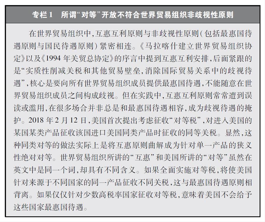 （圖表）[&ldquo;中美經貿摩擦&rdquo;白皮書]專欄1 所謂&ldquo;對等&rdquo;開放不符合世界貿易組織非歧視性原則